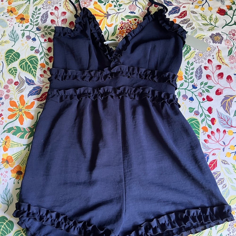 Iris Basic Navy Ruffle Jumpsuit
